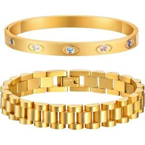 2pcs 18K Gold Plated Chain Link Bracelet, Stainless Steel & Crystal Bracelet